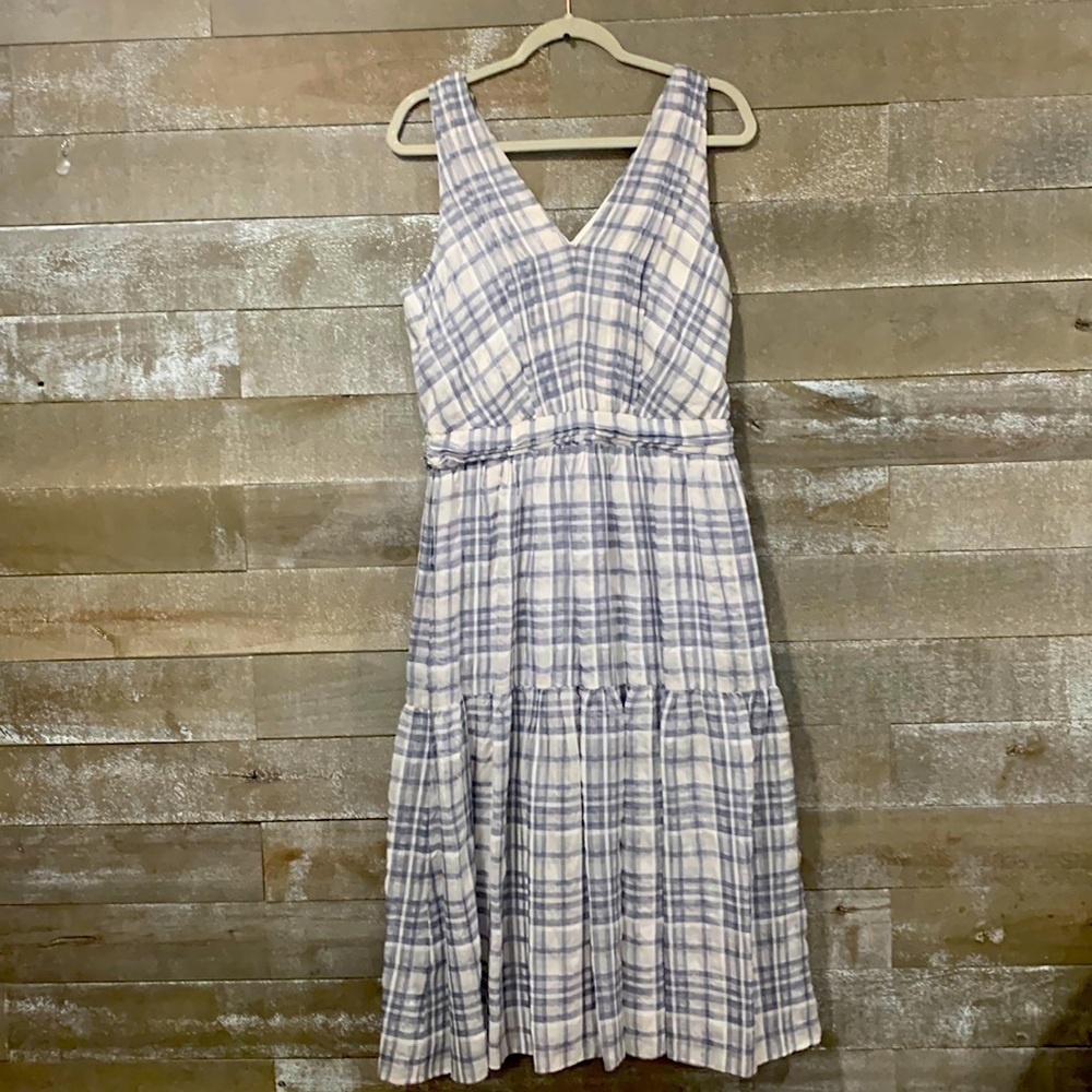 DKNY blue and white plaid tiered ruffle tank maxi with v-neck size 10 - Picture 2 of 10